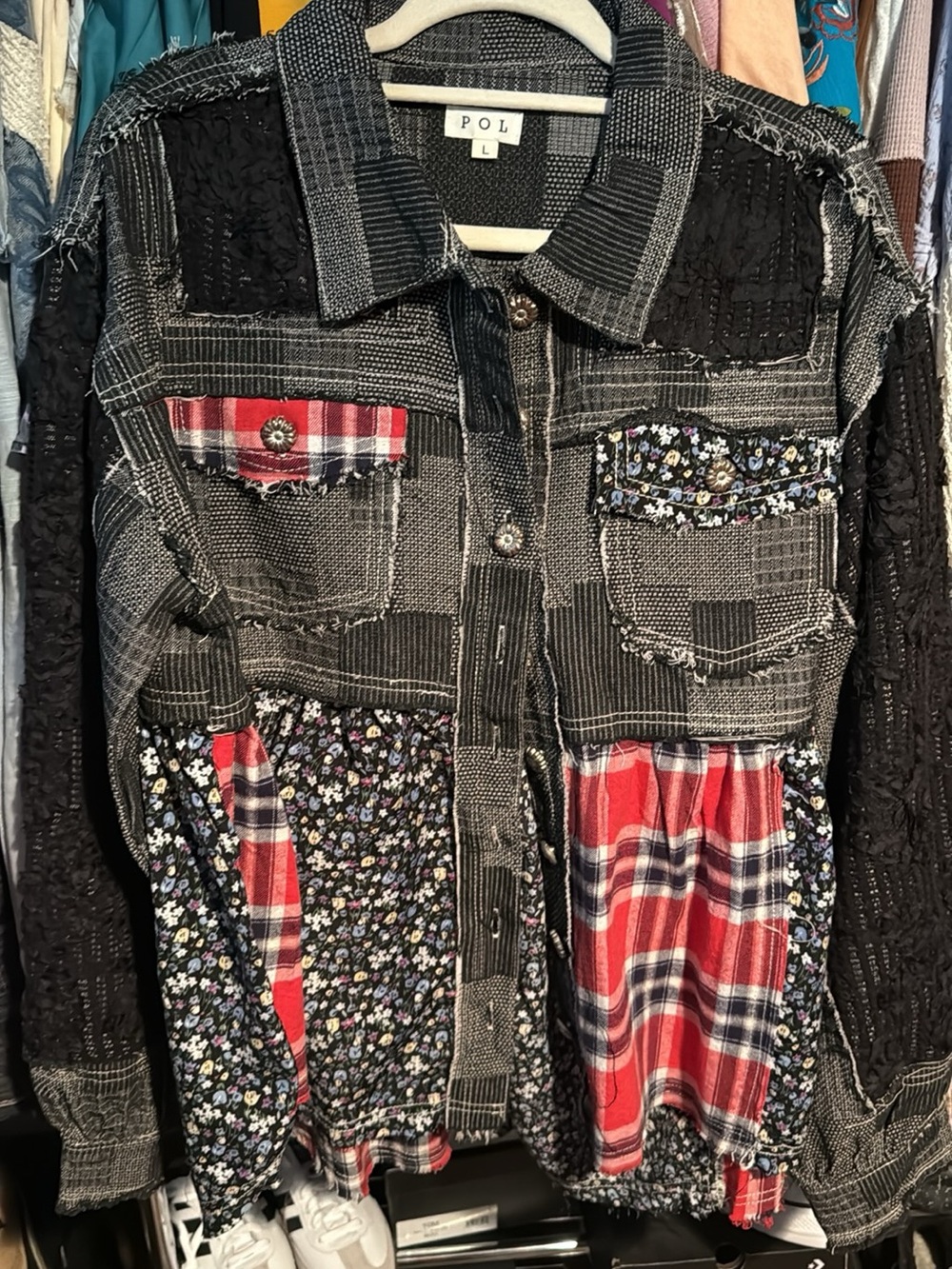 POL Patchwork Black Gray Jacket with Red Plaid & Floral Panels